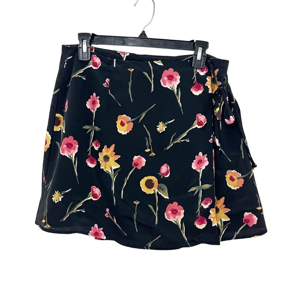 Vintage Rampage Y2K Black‎ Floral Mini Wrap Skirt Made in USA - Size 11